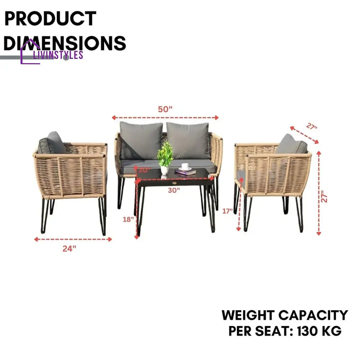 Monroe Outdoor Rope 4-Piece Patio Sofa Set with Glass Top Table (Beige & Dark Grey) - Sofa Set