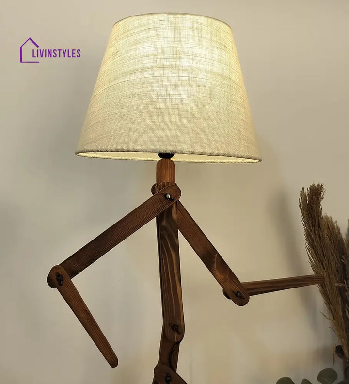 Moonwalker Wooden Floor Lamp With Brown Base And Premium Beige Fabric Lampshade Lamps