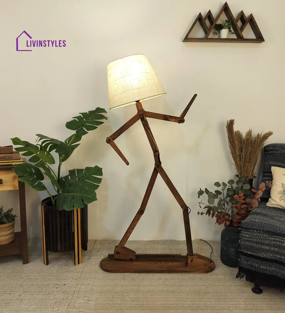 Moonwalker Wooden Floor Lamp With Brown Base And Premium Beige Fabric Lampshade Lamps