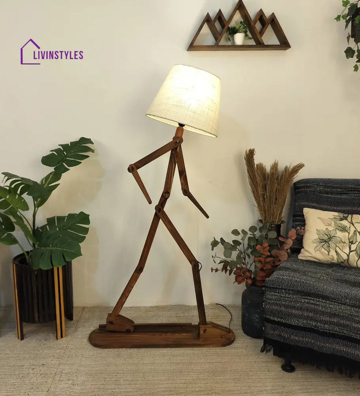 Moonwalker Wooden Floor Lamp With Brown Base And Premium Beige Fabric Lampshade Lamps