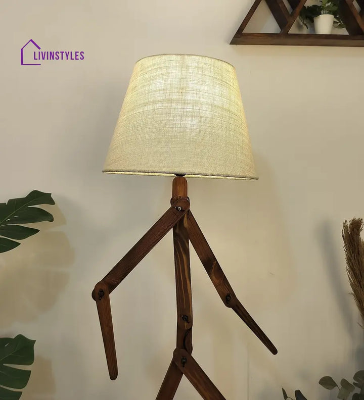 Moonwalker Wooden Floor Lamp With Brown Base And Premium Beige Fabric Lampshade Lamps