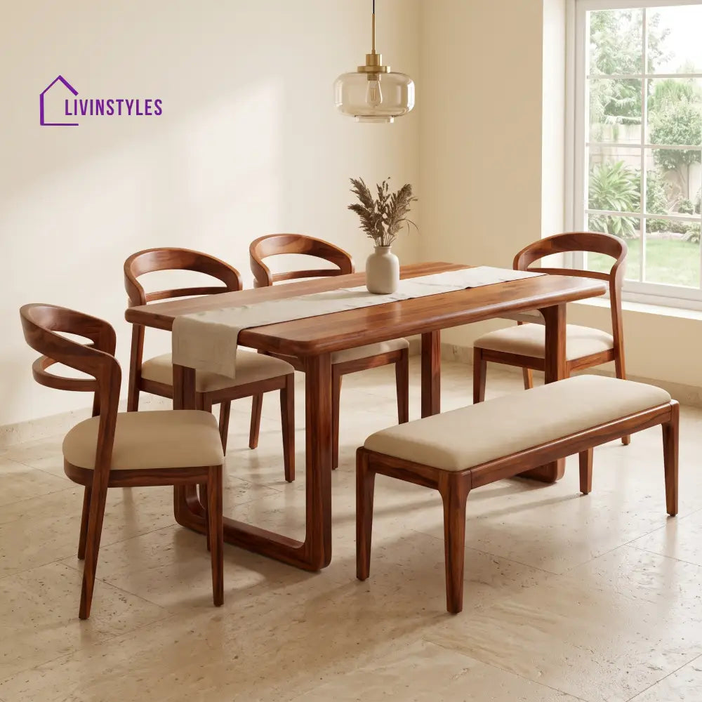Morenike Wooden 6 Seater Dining Table Set | 4 Chairs and 1 Bench | Table 72 X 36 X 30 Inch