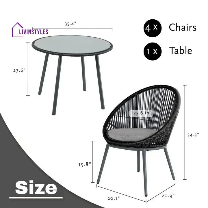 Morgan 5-Piece Outdoor Patio Dining Set with Rope Chairs & Glass Top Table - Dining Set