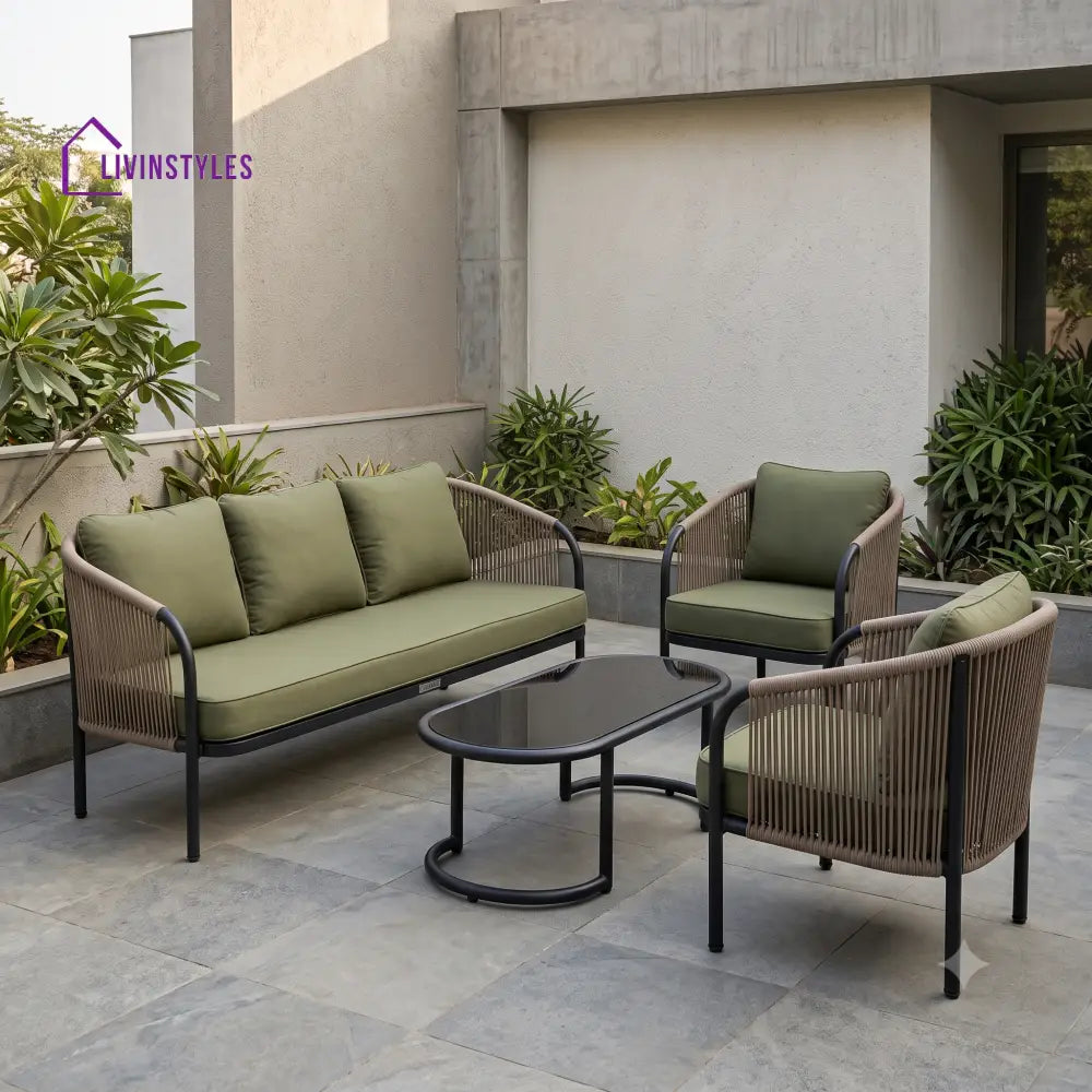 Morgane Metal Frame and Rope Weaving Outdoor Sofa Set 3 + 1 +1 and Coffee Table | Premium Uphostery