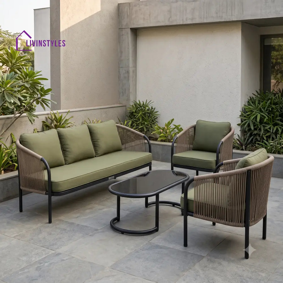 Morgane Metal Frame and Rope Weaving Outdoor Sofa Set 3 + 1 +1 and Coffee Table | Premium Uphostery