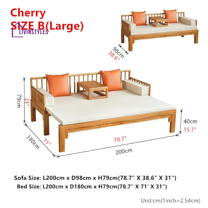Multifunction Solid Wood Arhat Sofa Bed CHERRY / Size B L200cm x D98cm x H79cm(78.7’’ x 38.6’’ x31’’) FURNITURE