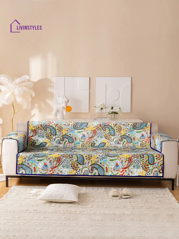 Multi Color Floral Print Cotton 3 Seater Sofa Cover With Hand Rest Slip Cover Sofa