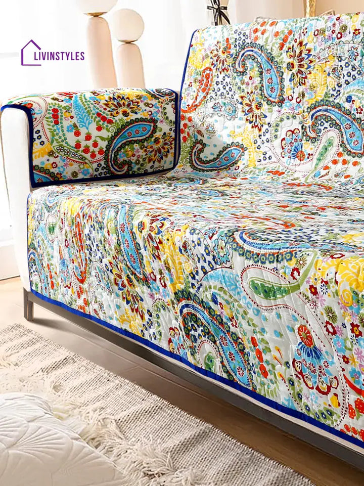 Multi Color Floral Print Cotton 3 Seater Sofa Cover With Hand Rest Slip Cover Sofa
