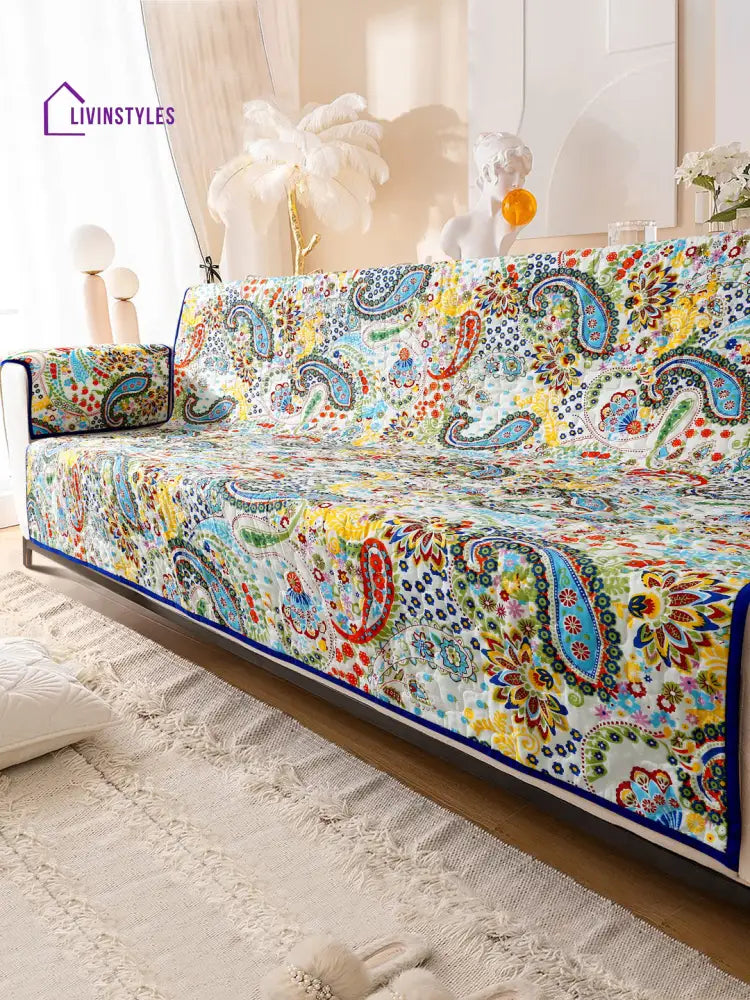 Multi Color Floral Print Cotton 3 Seater Sofa Cover With Hand Rest Slip Cover Sofa