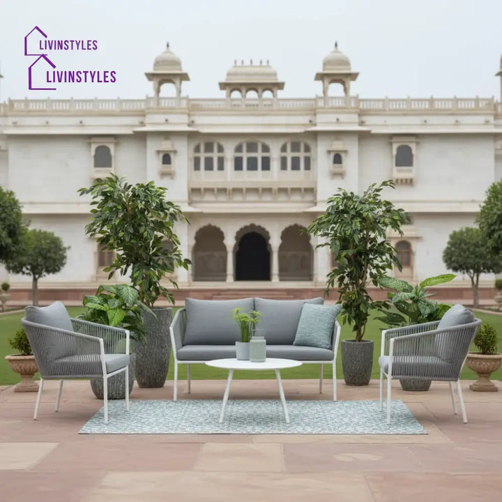Muno Outdoor Sofa Set 2 Seater 2 Single seater and 1 Center Table Set (White + Grey) Braided & Rope - Sofa Sets