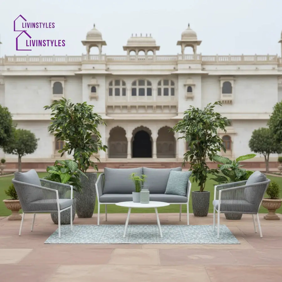 Muno Outdoor Sofa Set 2 Seater 2 Single seater and 1 Center Table Set (White + Grey) Braided & Rope - Sofa Sets