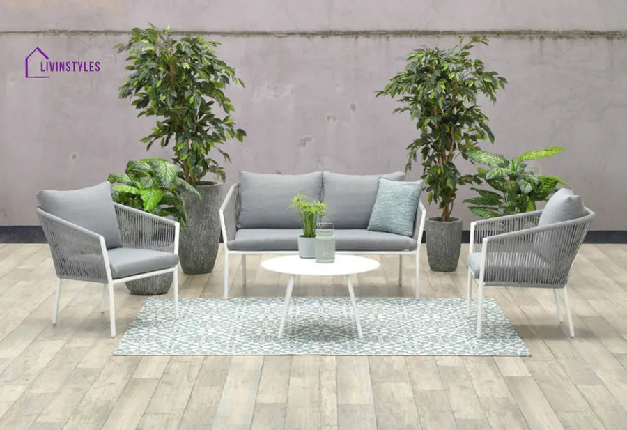 Munosa Outdoor Sofa Set 2 Seater | Single Seater And 1 Center Table (White + Grey) Braided & Rope