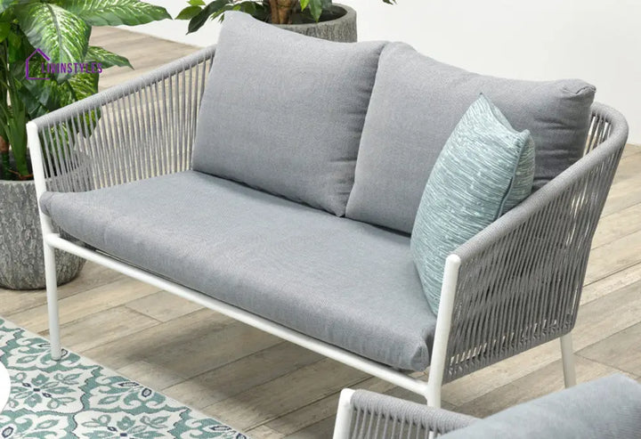 Munosa Outdoor Sofa Set 2 Seater | Single Seater And 1 Center Table (White + Grey) Braided & Rope