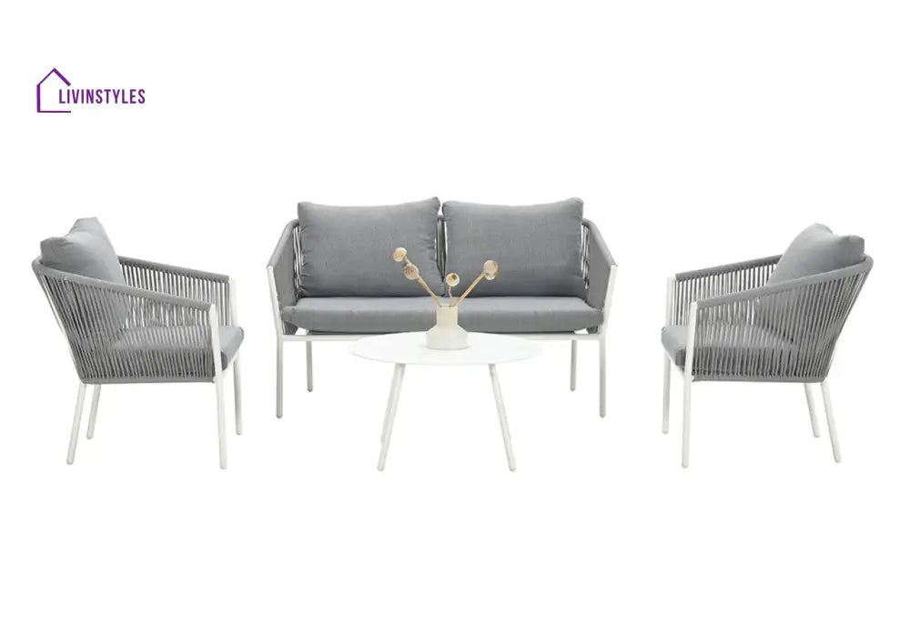 Munosa Outdoor Sofa Set 2 Seater | Single Seater And 1 Center Table (White + Grey) Braided & Rope