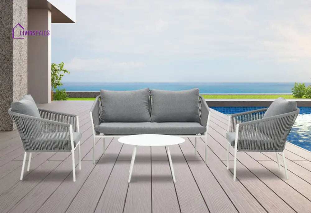 Munosa Outdoor Sofa Set 2 Seater | Single Seater And 1 Center Table (White + Grey) Braided & Rope