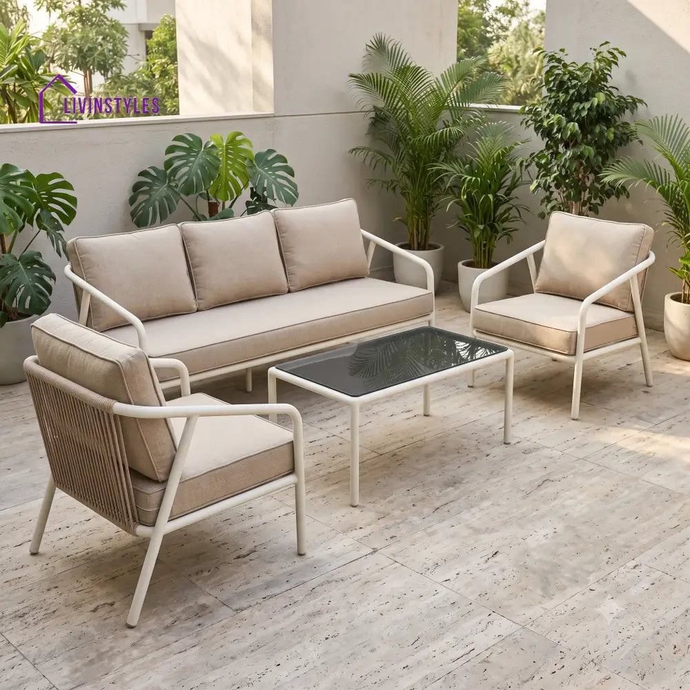 Muriel Metal Frame and Rope Weaving Outdoor Sofa Set 3 + 1 +1 and Coffee Table | Premium Uphostery