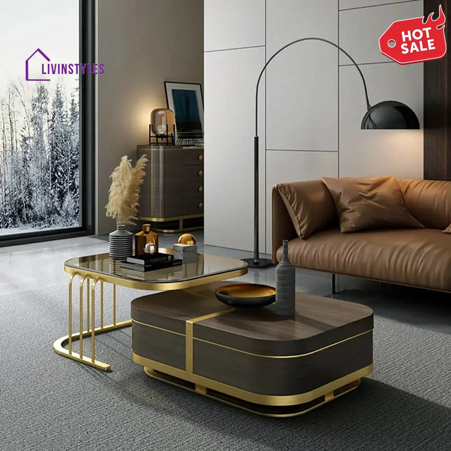 Muskaan Modern Nesting Coffee Table with Hidden Storage Glass Top Wooden and Golden Finish