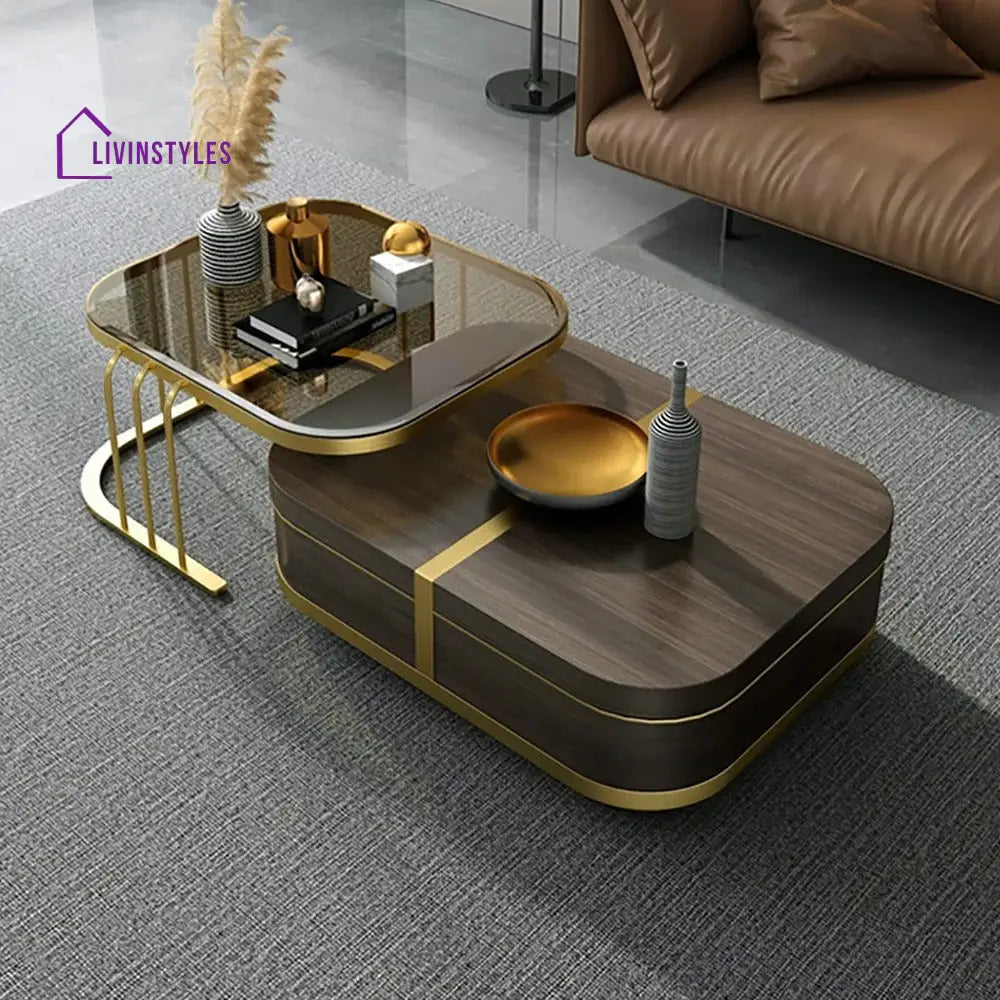 Muskaan Modern Nesting Coffee Table with Hidden Storage Glass Top Wooden and Golden Finish