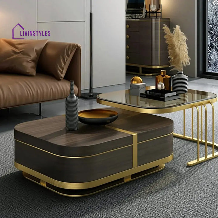 Muskaan Modern Nesting Coffee Table with Hidden Storage Glass Top Wooden and Golden Finish