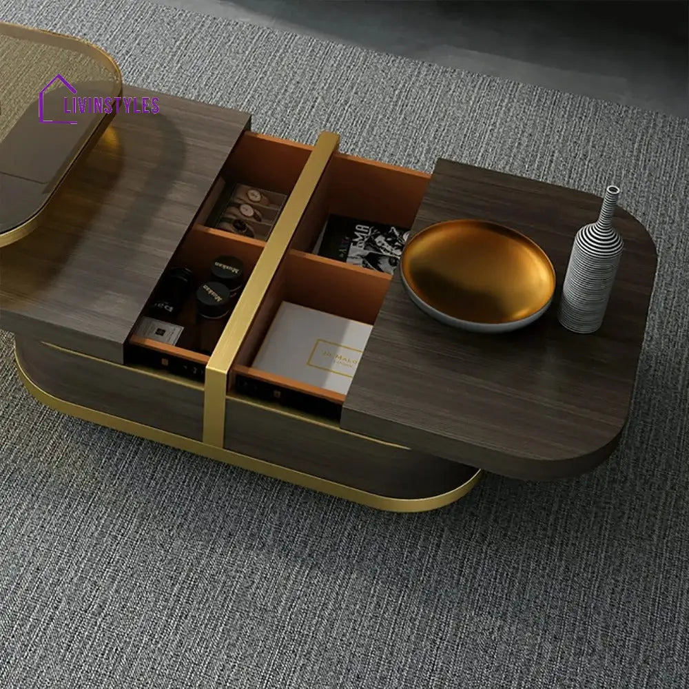 Muskaan Modern Nesting Coffee Table with Hidden Storage Glass Top Wooden and Golden Finish