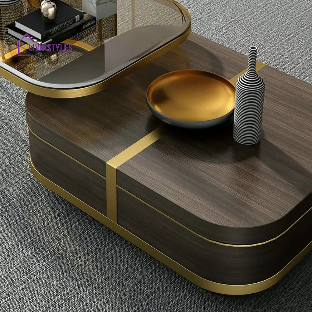 Muskaan Modern Nesting Coffee Table with Hidden Storage Glass Top Wooden and Golden Finish