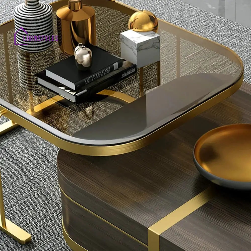 Muskaan Modern Nesting Coffee Table with Hidden Storage Glass Top Wooden and Golden Finish