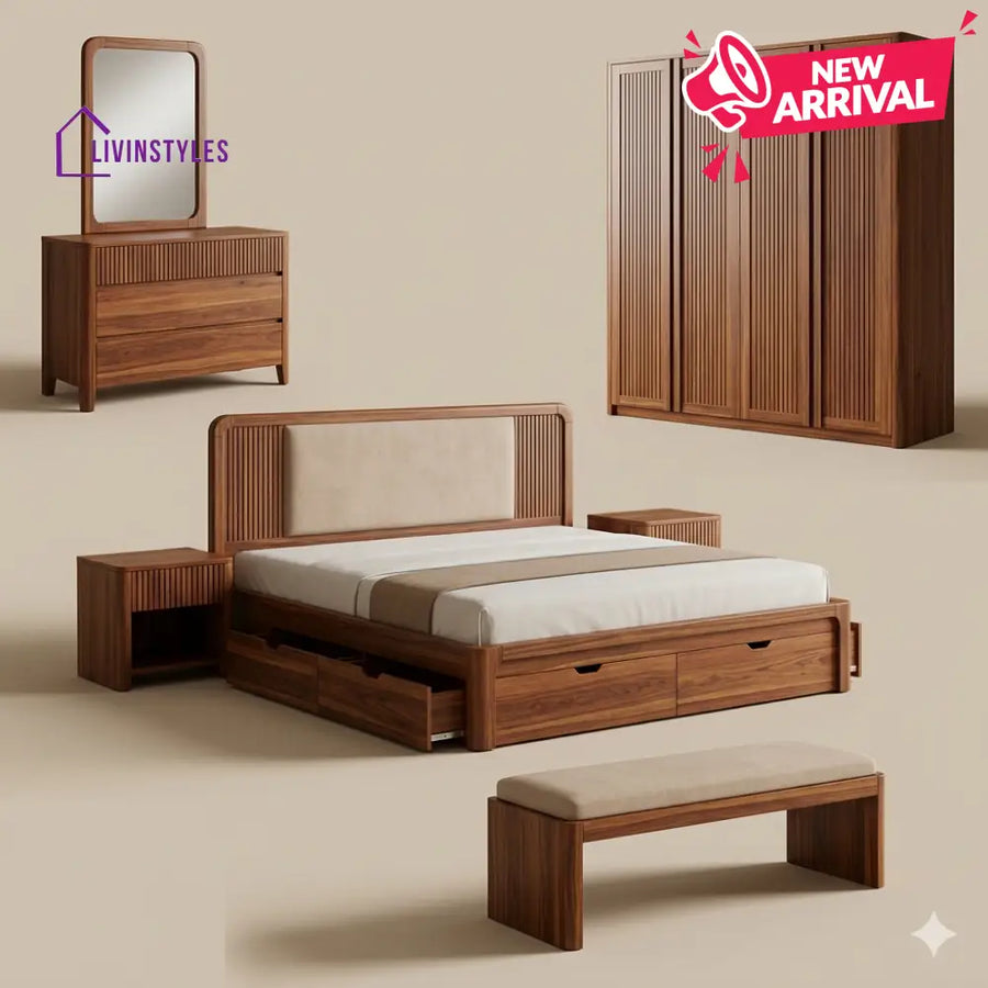 Muskan Solid Sheesham Wood Bedroom Set with Bed Bedside Tables Bench Wardrobe & Dresser