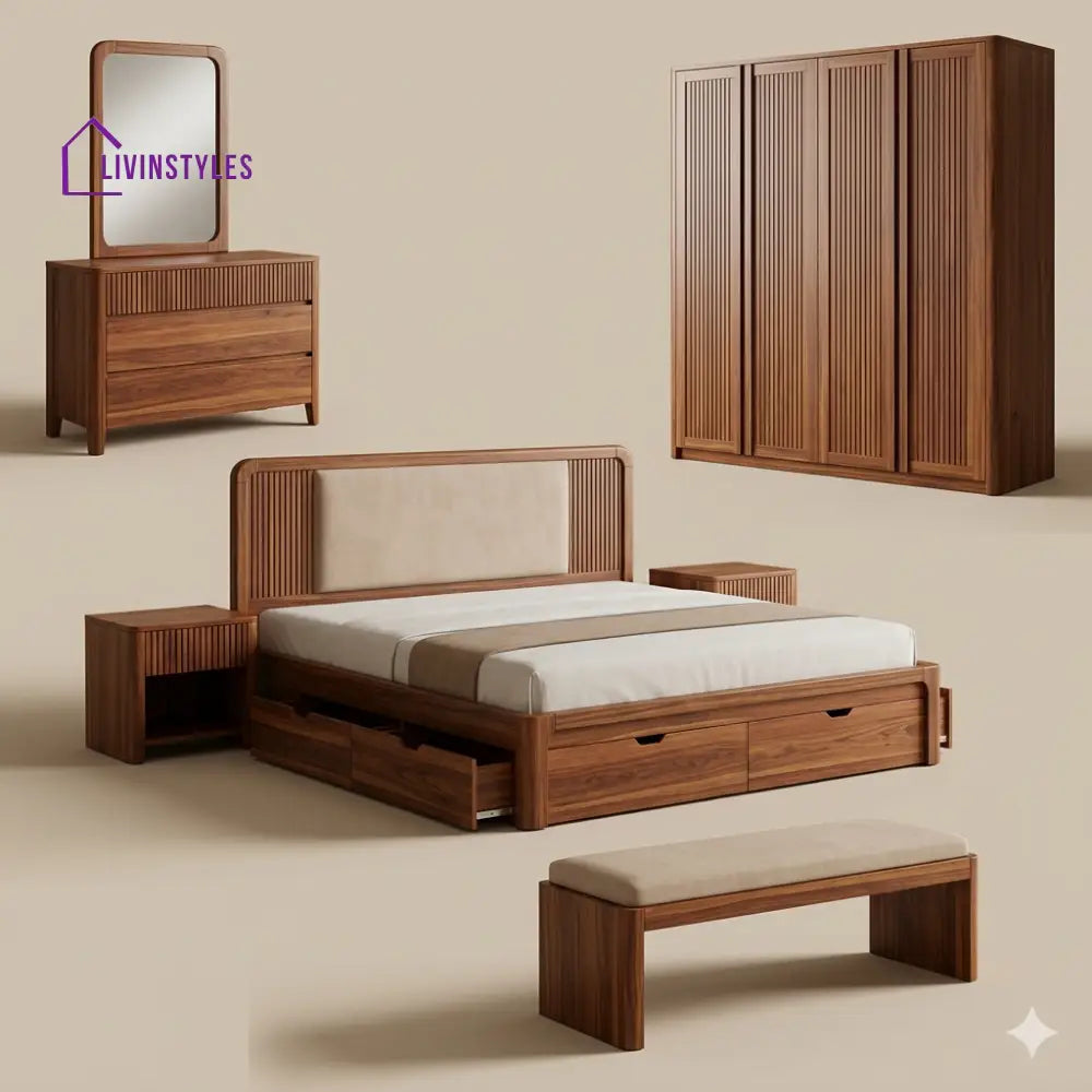Muskan Solid Sheesham Wood Bedroom Set with Bed Bedside Tables Bench Wardrobe & Dresser