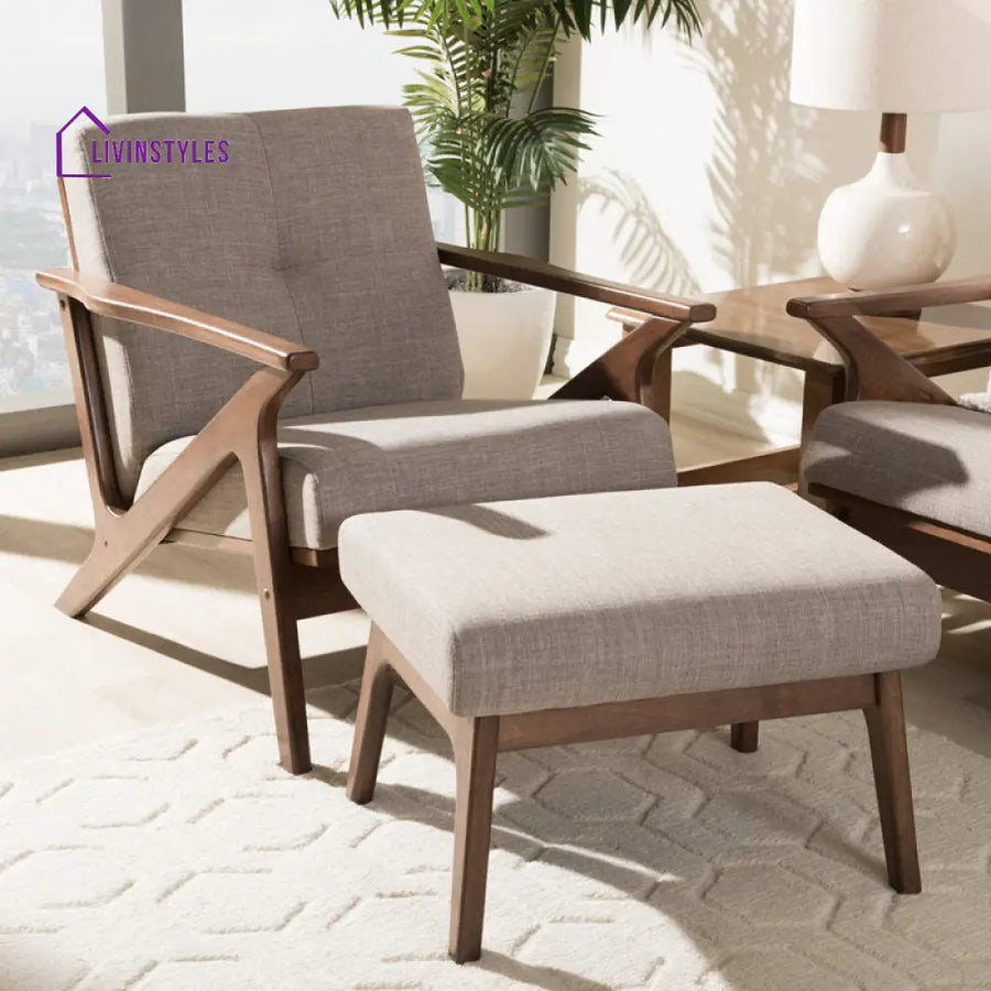 Myra Solid Wood Frame and Fabric Arm Chair | Living Room Chair | Lounge Chair + Ottoman