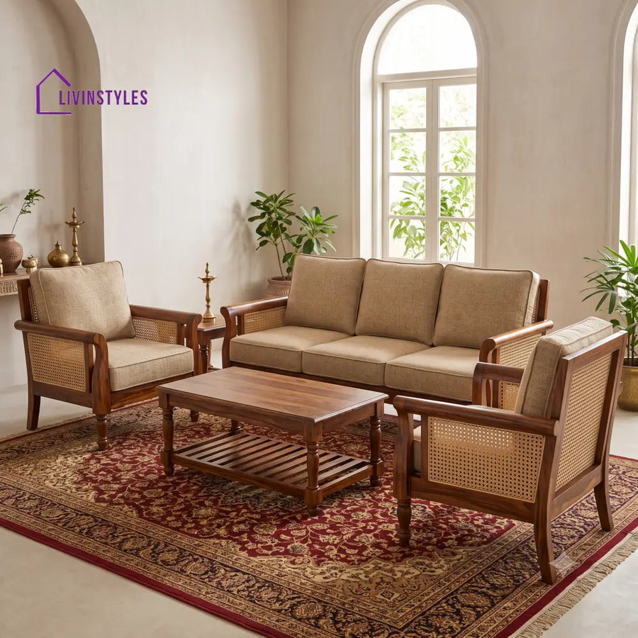Mythili Wooden Sofa Set | 3 + 1 + 1 Sheesham Wood Sofa Set for Living Room