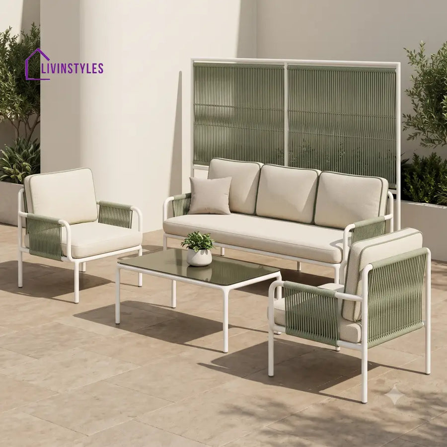 Nadine Metal Frame and Rope Weaving Outdoor Sofa Set 3 + 1 +1 and Coffee Table | Premium Uphostery