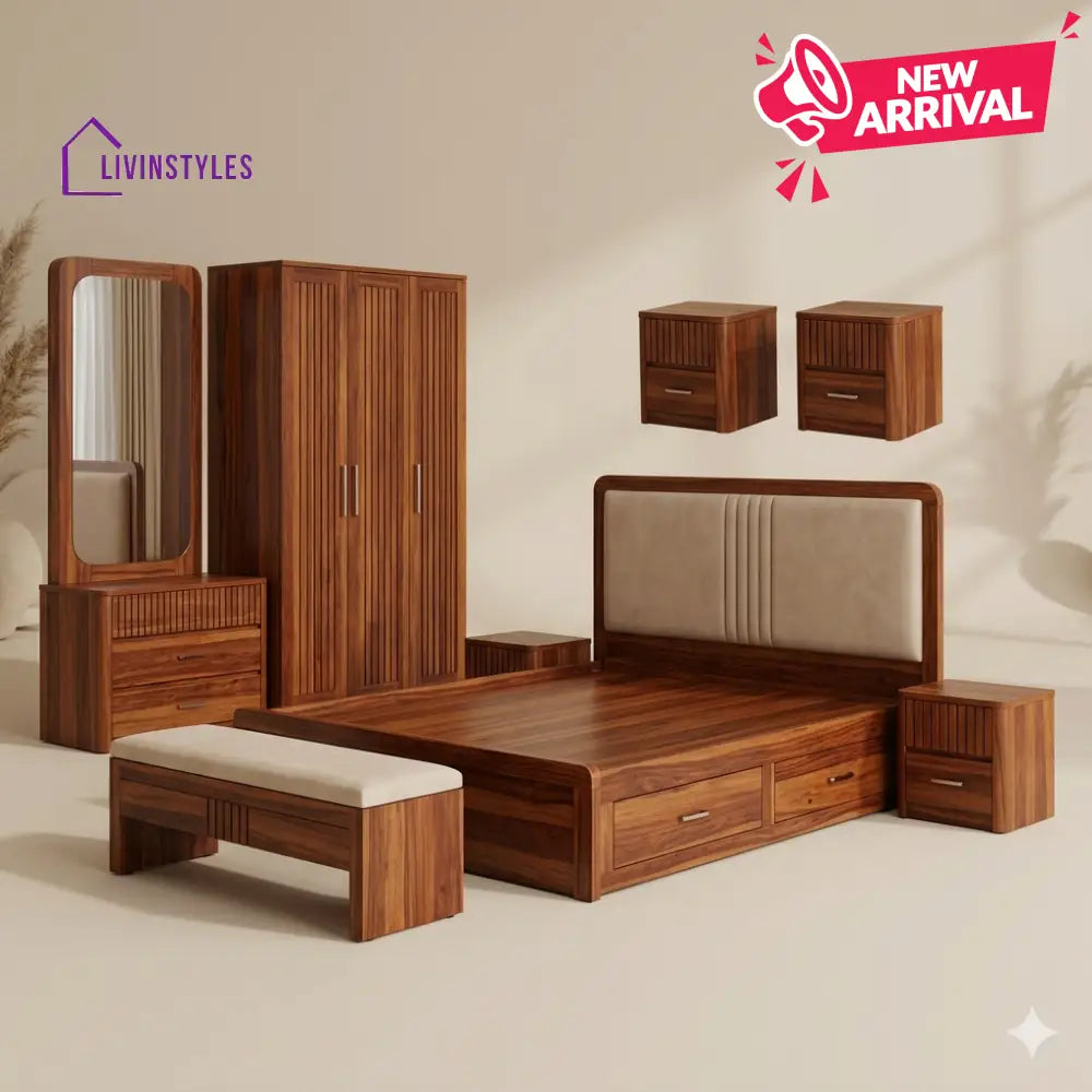 Naina Solid Sheesham Wood Bedroom Set with Bed Bedside Tables Bench Wardrobe & Dresser
