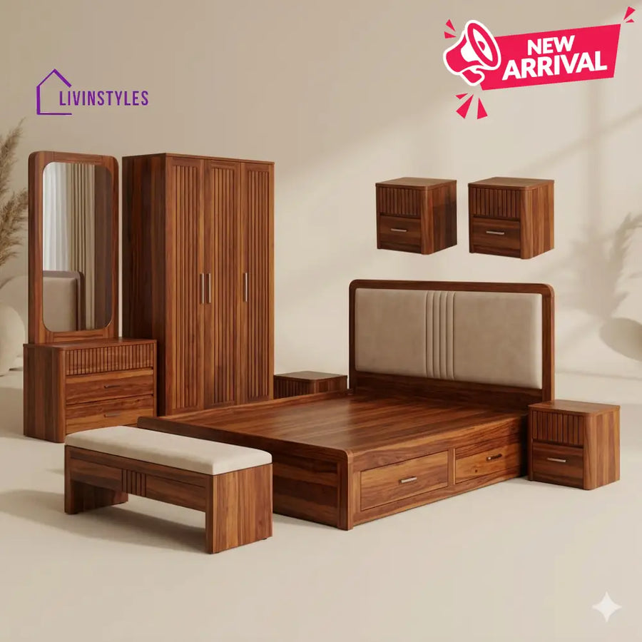 Naina Solid Sheesham Wood Bedroom Set with Bed Bedside Tables Bench Wardrobe & Dresser