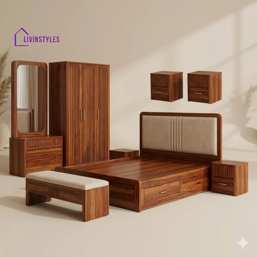 Naina Solid Sheesham Wood Bedroom Set with Bed Bedside Tables Bench Wardrobe & Dresser