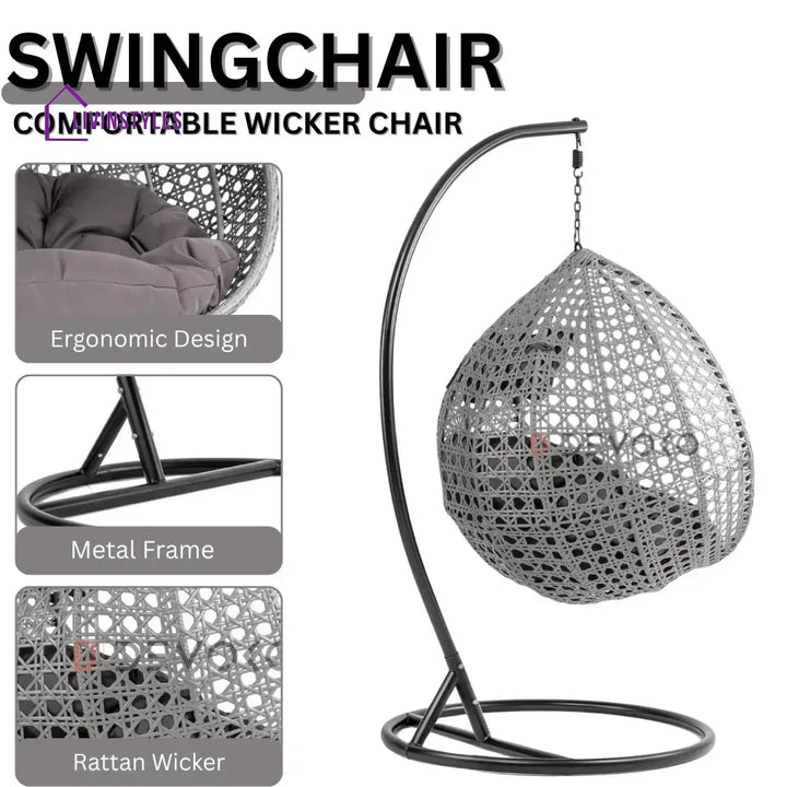 Nainika Single Seater Rattan & Wicker Swing (Grey) - Swing