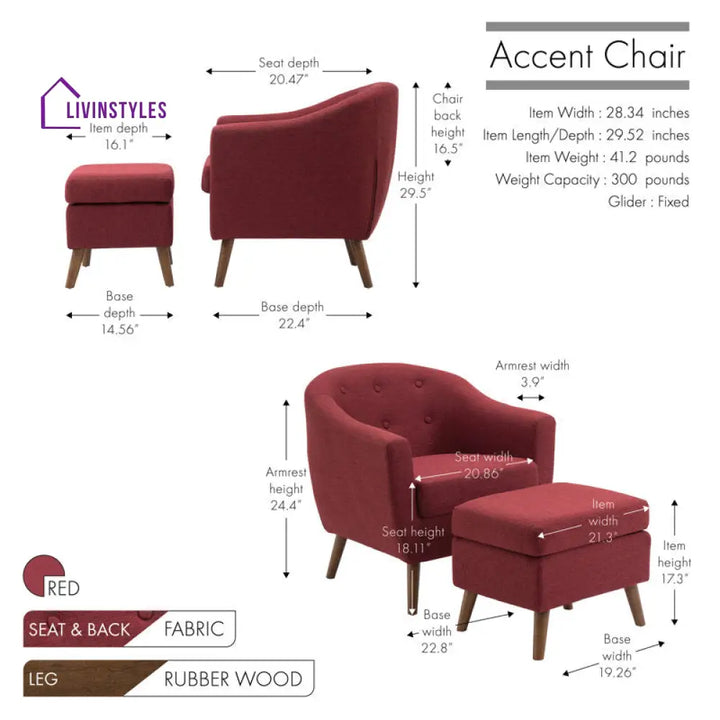 Naisha Solid Wood Frame and Fabric Arm Chair | Living Room Chair | Lounge Chair + Ottoman
