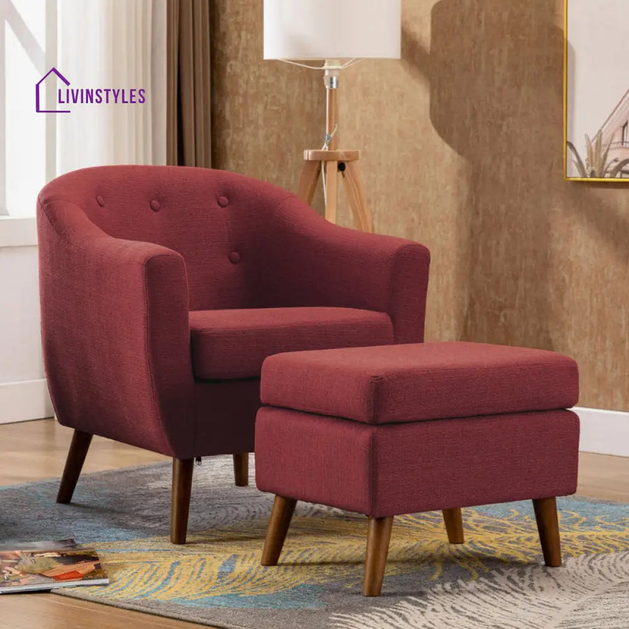 Naisha Solid Wood Frame and Fabric Arm Chair | Living Room Chair | Lounge Chair + Ottoman