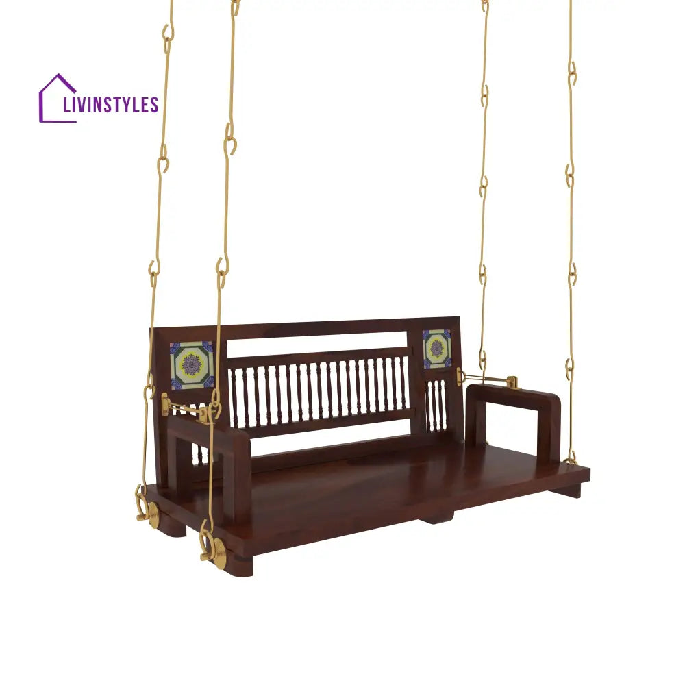 Naisha Traditional Wooden Swing with Ceramic Tile Inlays in Contemporary Living Room Swing