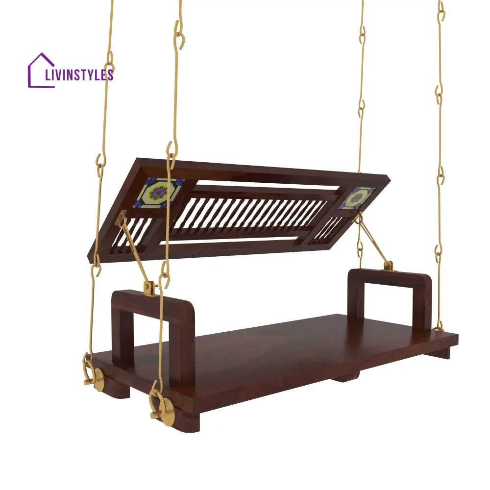Naisha Traditional Wooden Swing with Ceramic Tile Inlays in Contemporary Living Room Swing