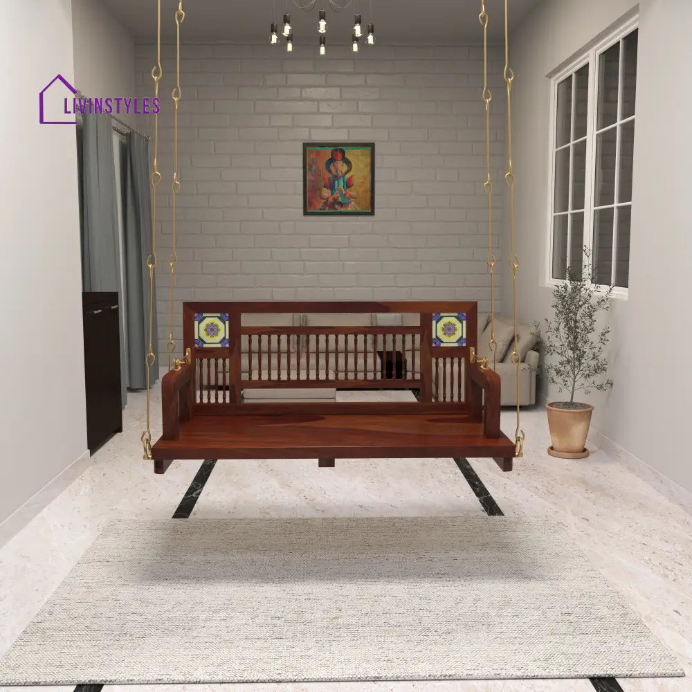 Naisha Traditional Wooden Swing with Ceramic Tile Inlays in Contemporary Living Room Swing