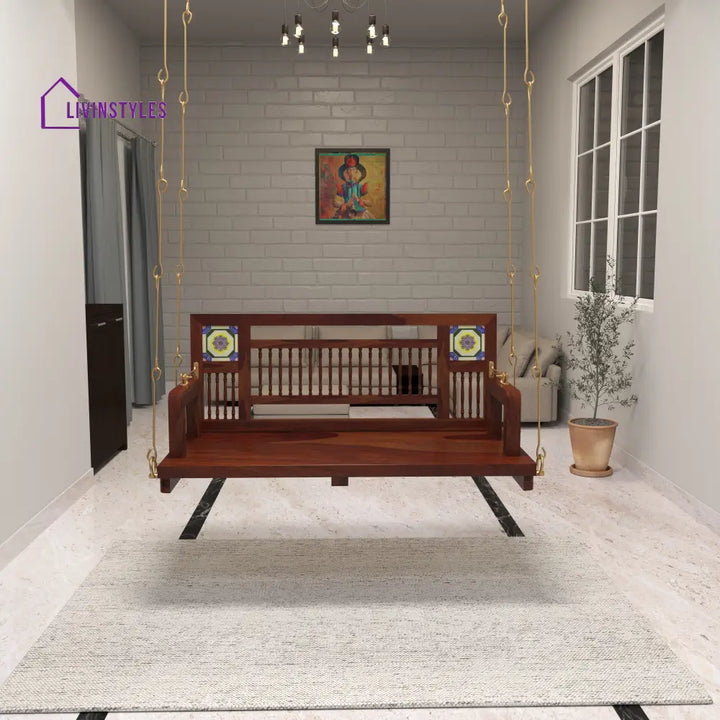Naisha Traditional Wooden Swing with Ceramic Tile Inlays in Contemporary Living Room Swing