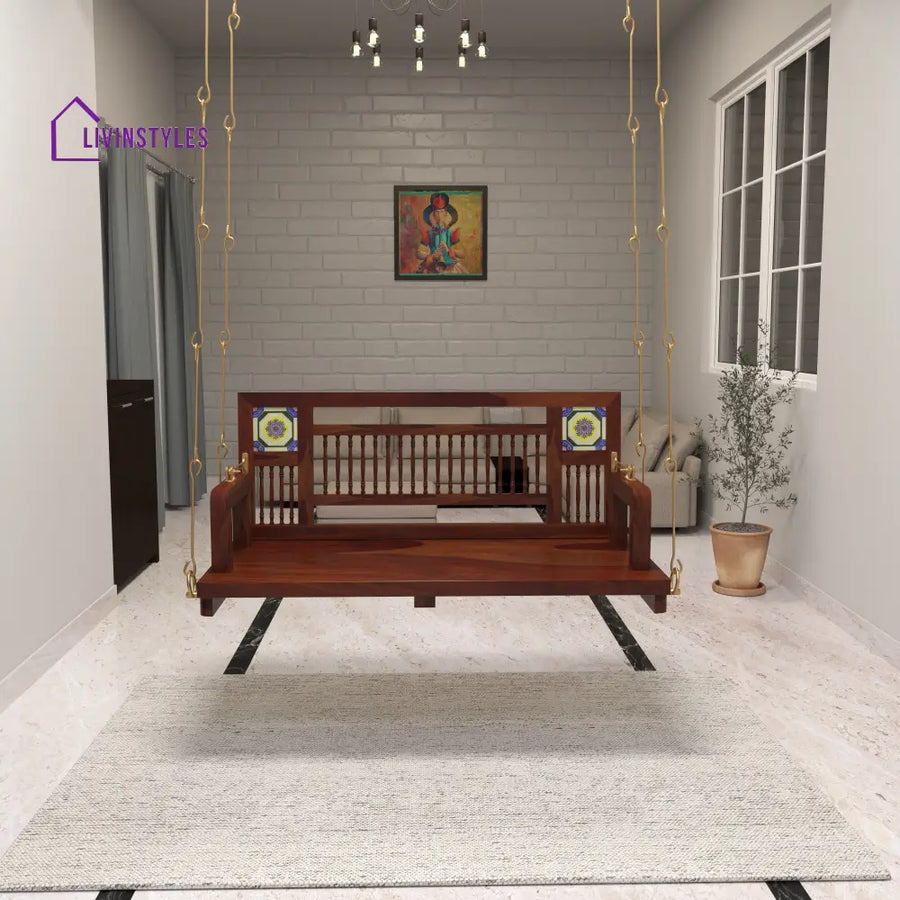 Naisha Traditional Wooden Swing with Ceramic Tile Inlays in Contemporary Living Room Swing