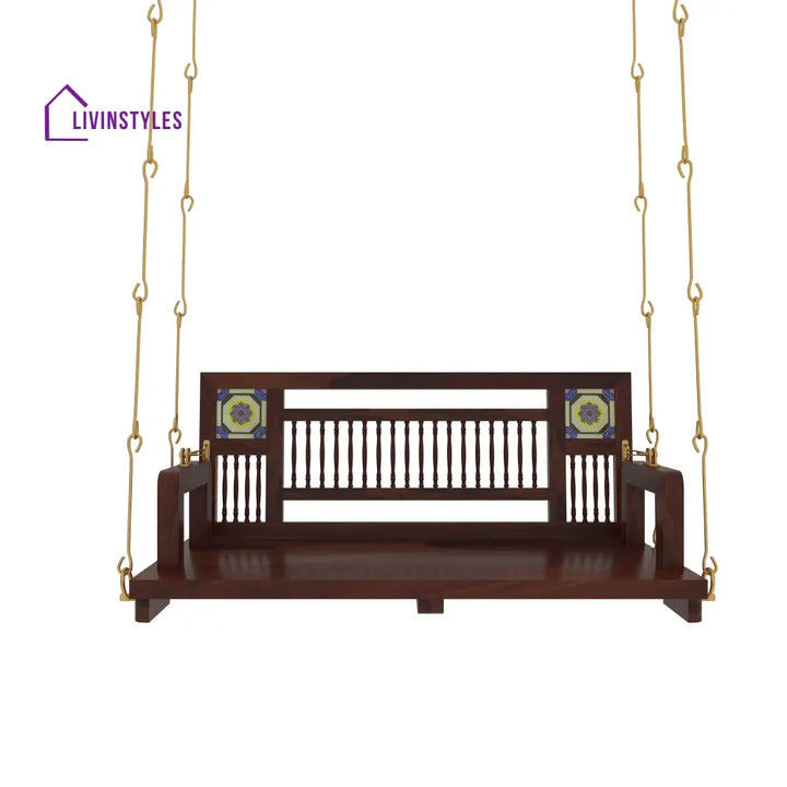Naisha Traditional Wooden Swing with Ceramic Tile Inlays in Contemporary Living Room Swing