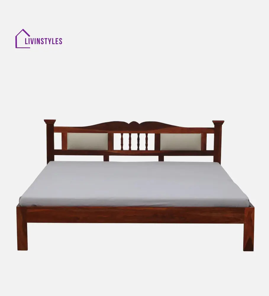 Naman Sheesham Wood Queen Size Bed In Honey ak Finish With Padded Headrest