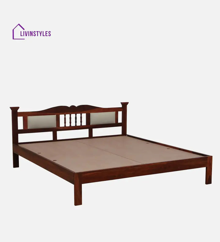 Naman Sheesham Wood Queen Size Bed In Honey ak Finish With Padded Headrest