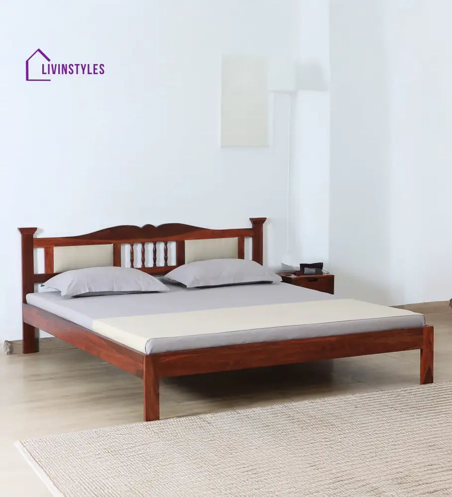 Naman Sheesham Wood Queen Size Bed In Honey ak Finish With Padded Headrest