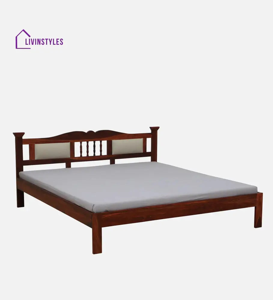 Naman Sheesham Wood Queen Size Bed In Honey ak Finish With Padded Headrest