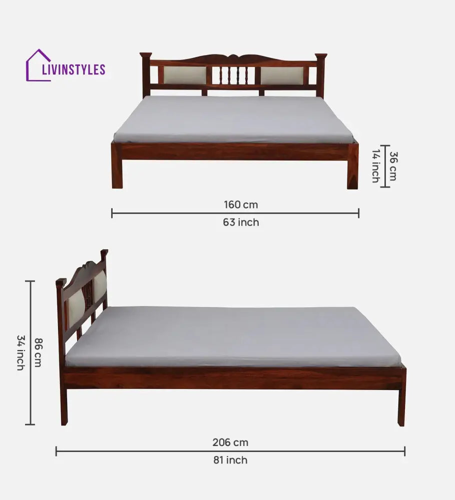 Naman Sheesham Wood Queen Size Bed In Honey ak Finish With Padded Headrest