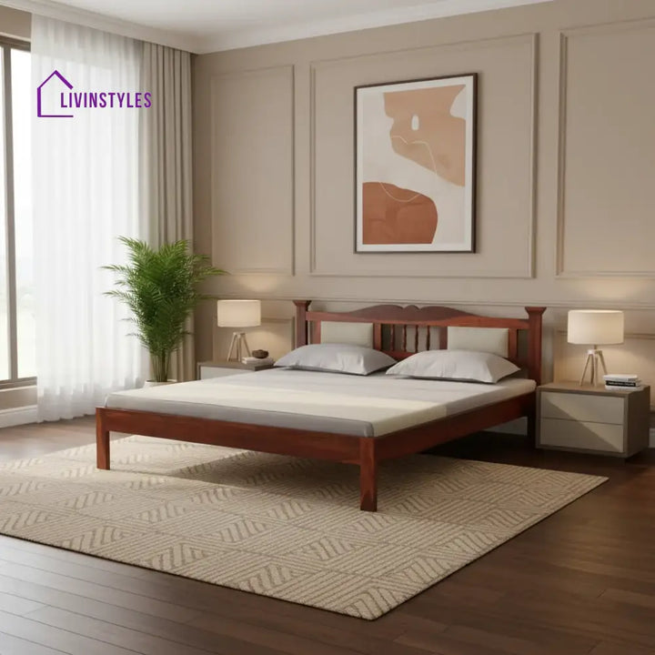 Naman Sheesham Wood Queen Size Bed In Honey ak Finish With Padded Headrest