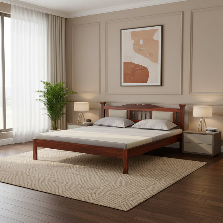 Naman Sheesham Wood Queen Size Bed In Honey ak Finish With Padded Headrest